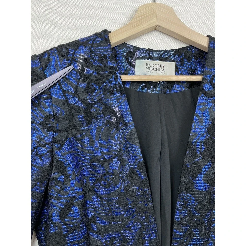 Badgley Mischka Collection Womens Black Blue Brocade Suit Jacket Small Old Money